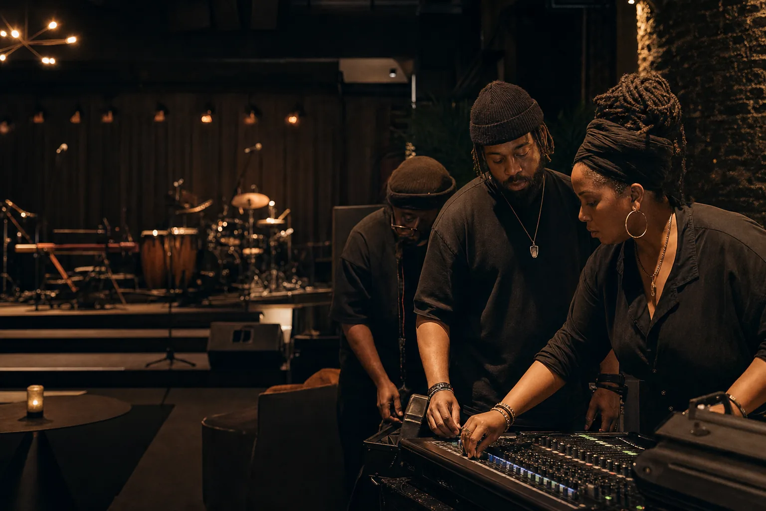 Black event organizers preparing a live-music venue before doors open