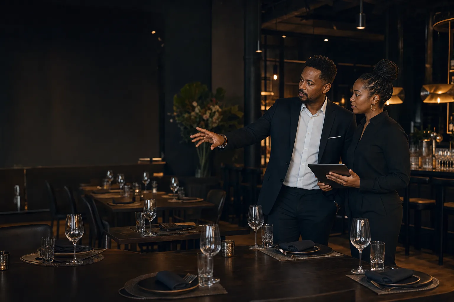 Black hospitality operators preparing a dining room for service